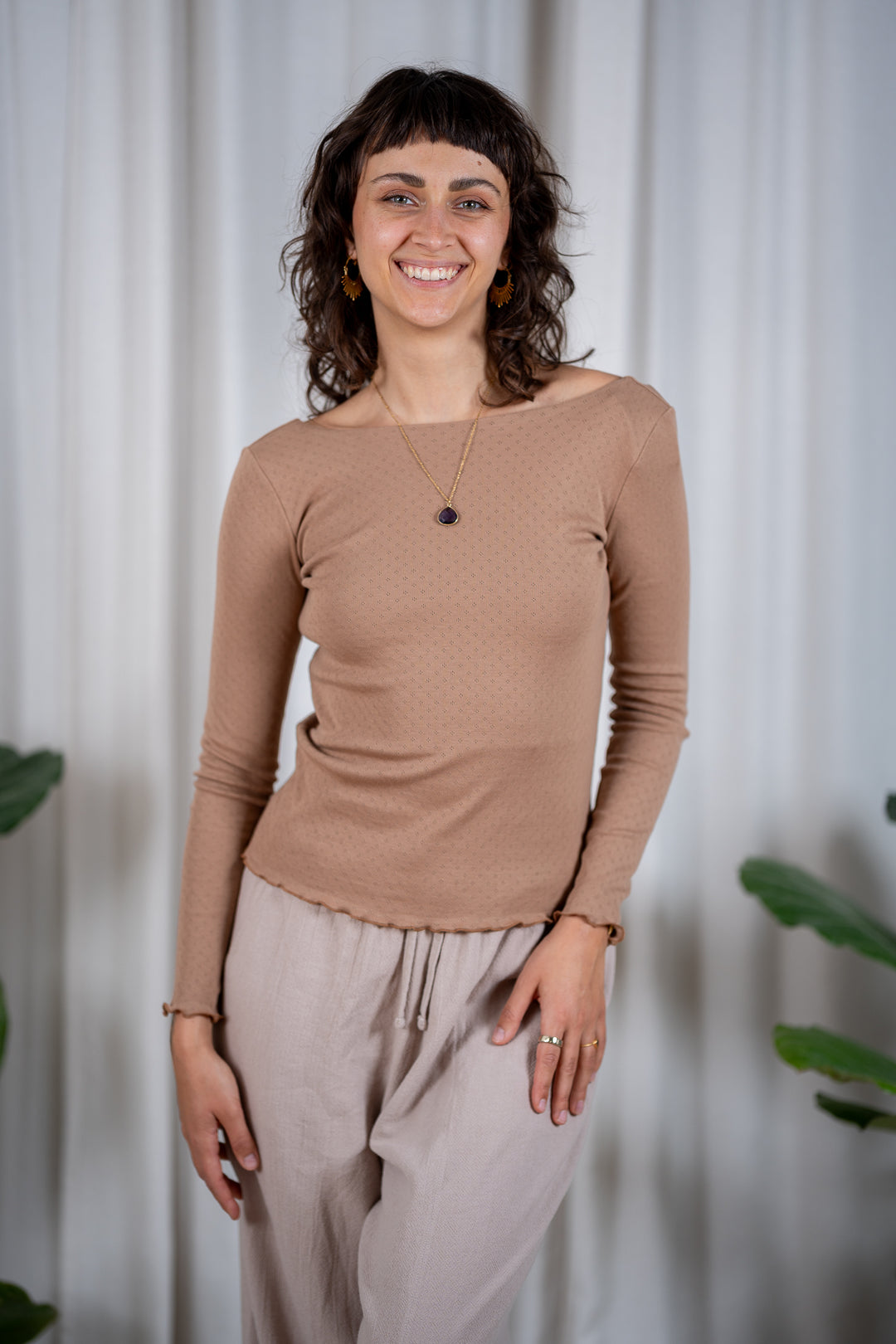 Pointelle-Baumwolltop mit langen Ärmeln