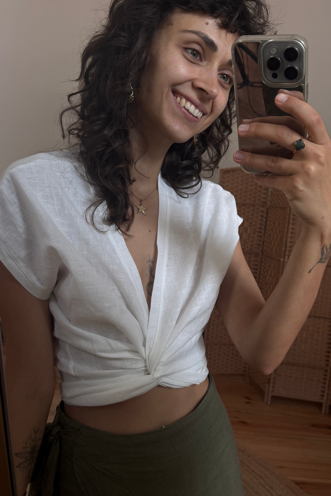 Mae wrap top made of 100% linen