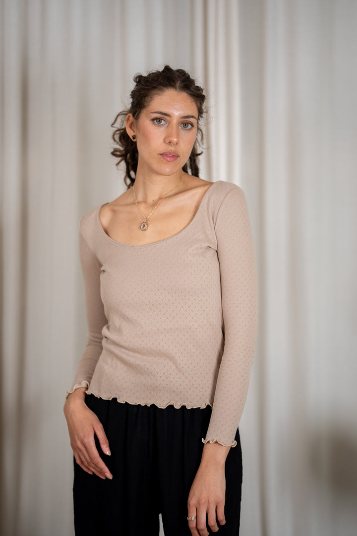 Pointelle-Baumwolltop mit langen Ärmeln