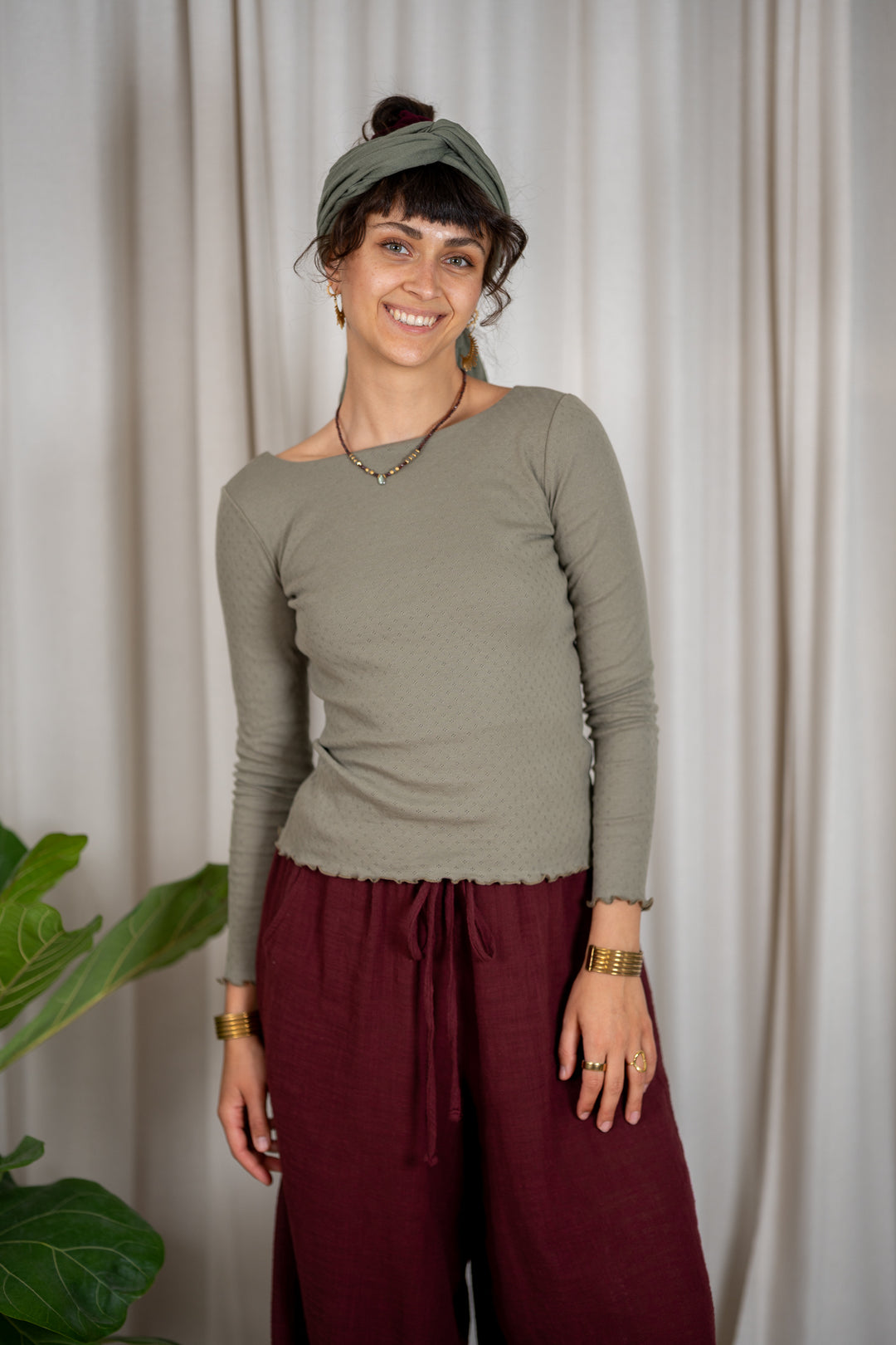 Pointelle-Baumwolltop mit langen Ärmeln