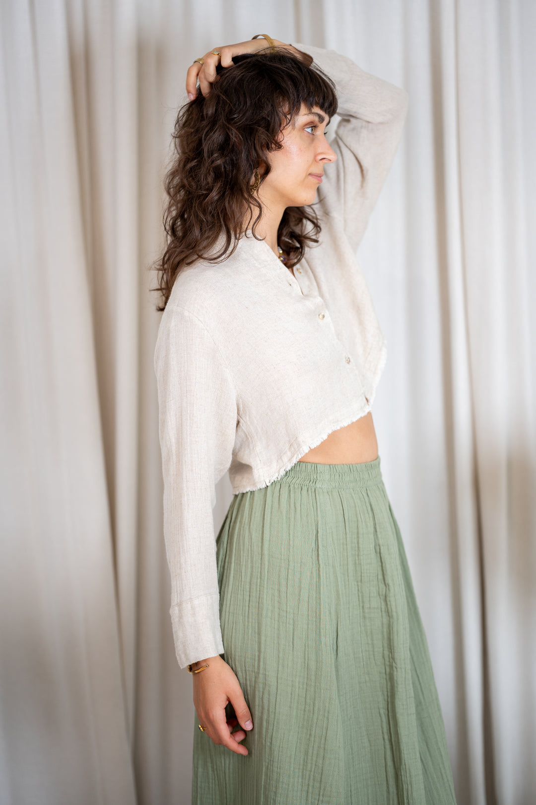 Crop Linen Shirt with Buttons