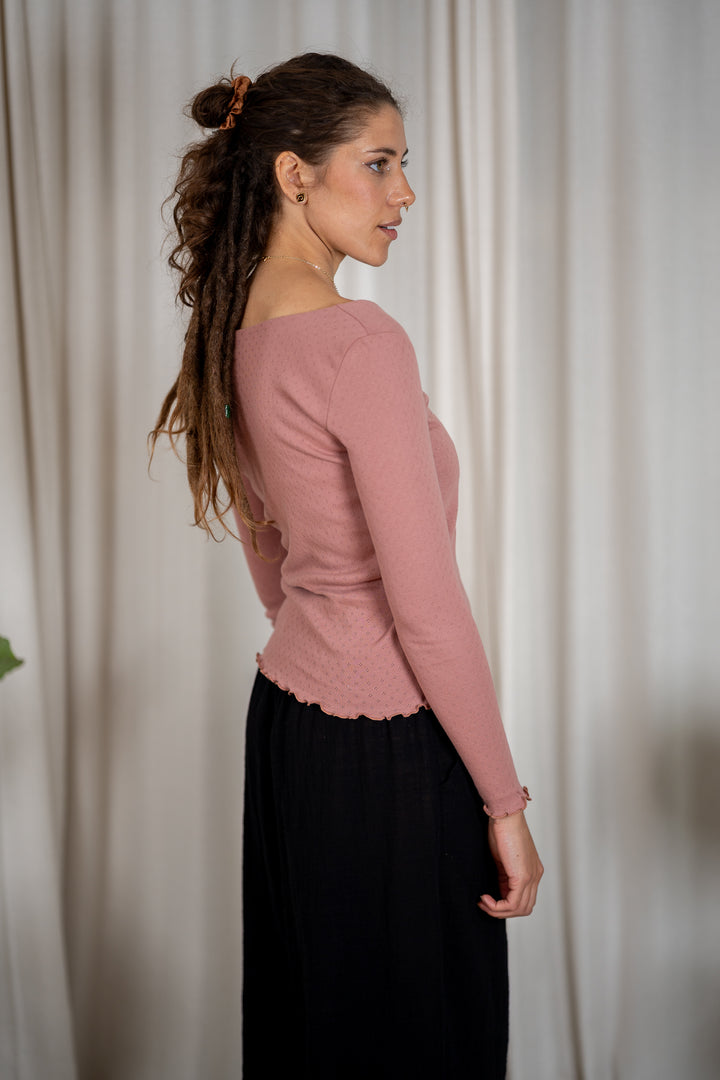 Pointelle-Baumwolltop mit langen Ärmeln
