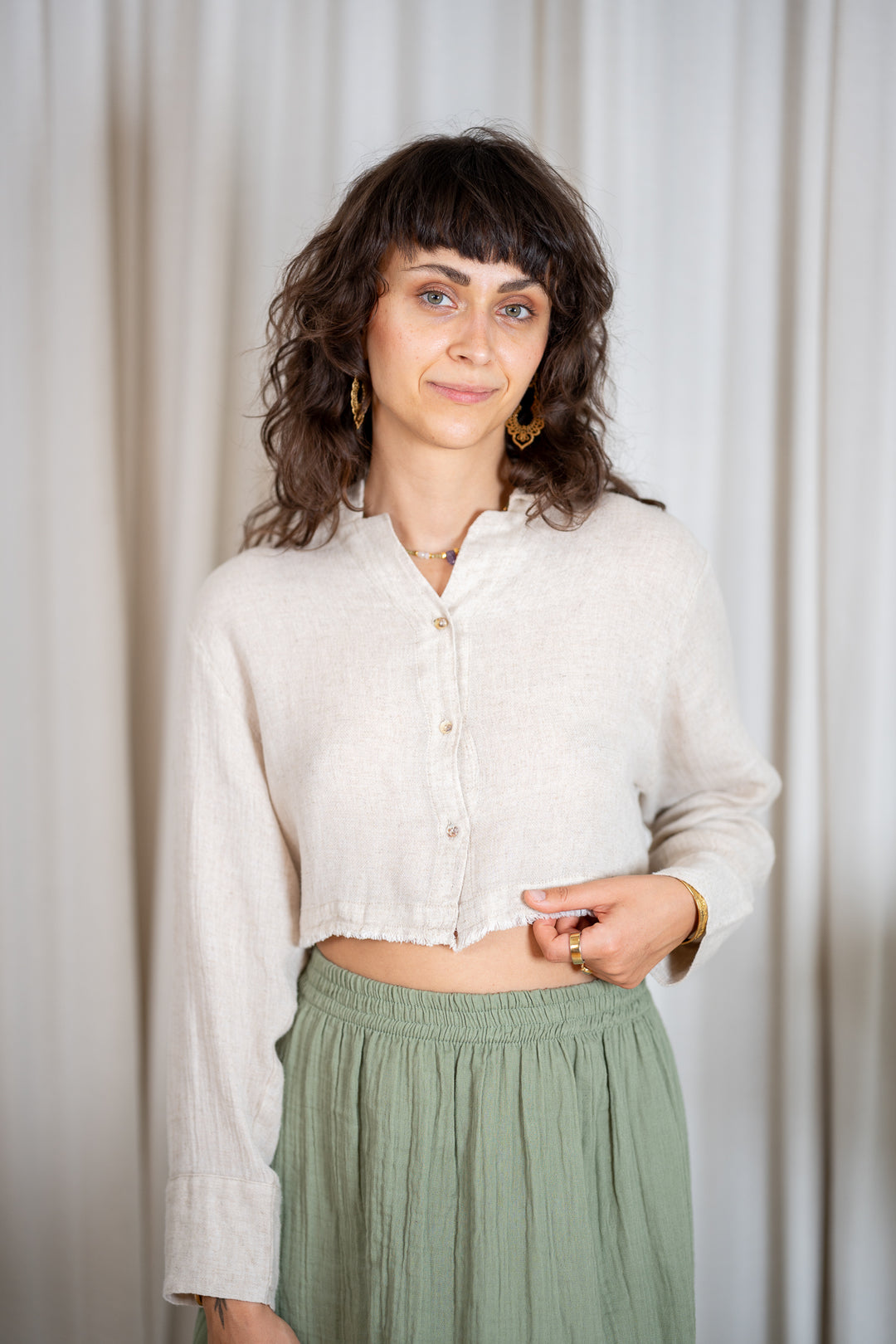 Crop Linen Shirt with Buttons