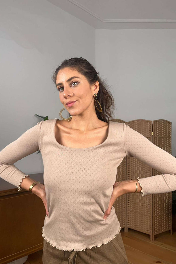 Pointelle-Baumwolltop mit langen Ärmeln