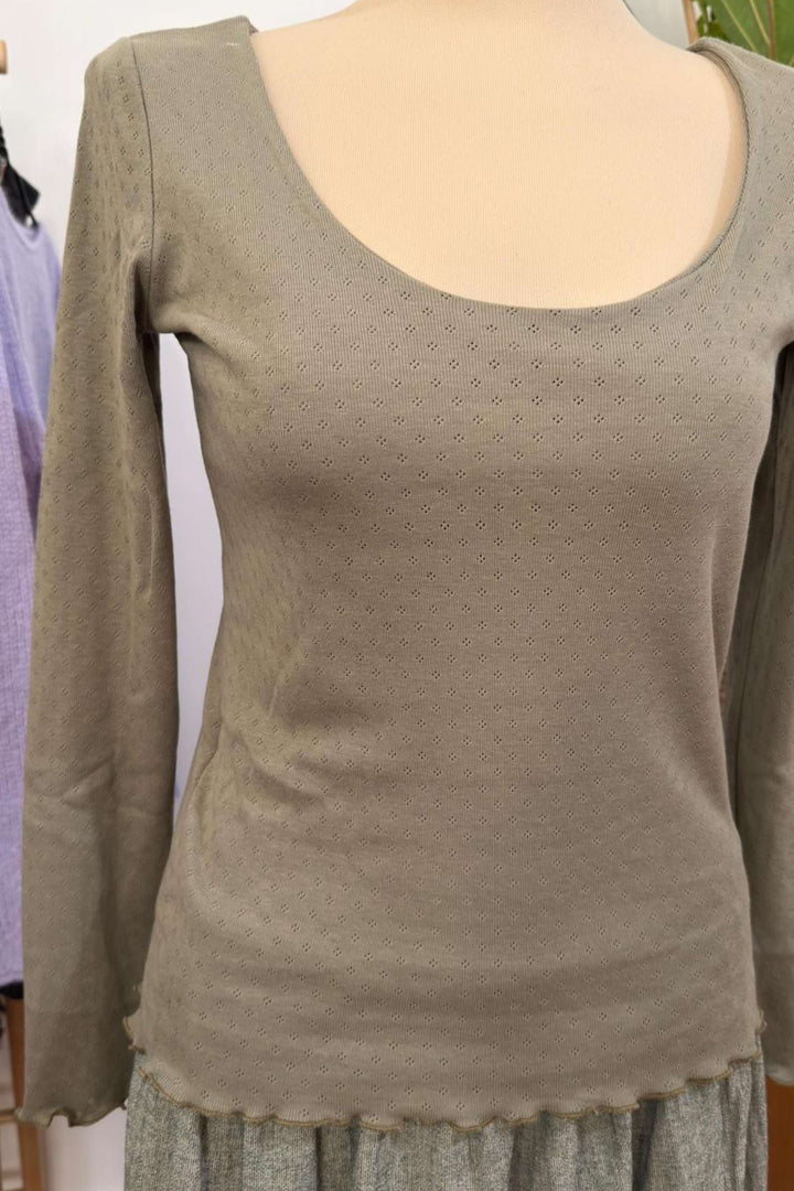 Pointelle-Baumwolltop mit langen Ärmeln