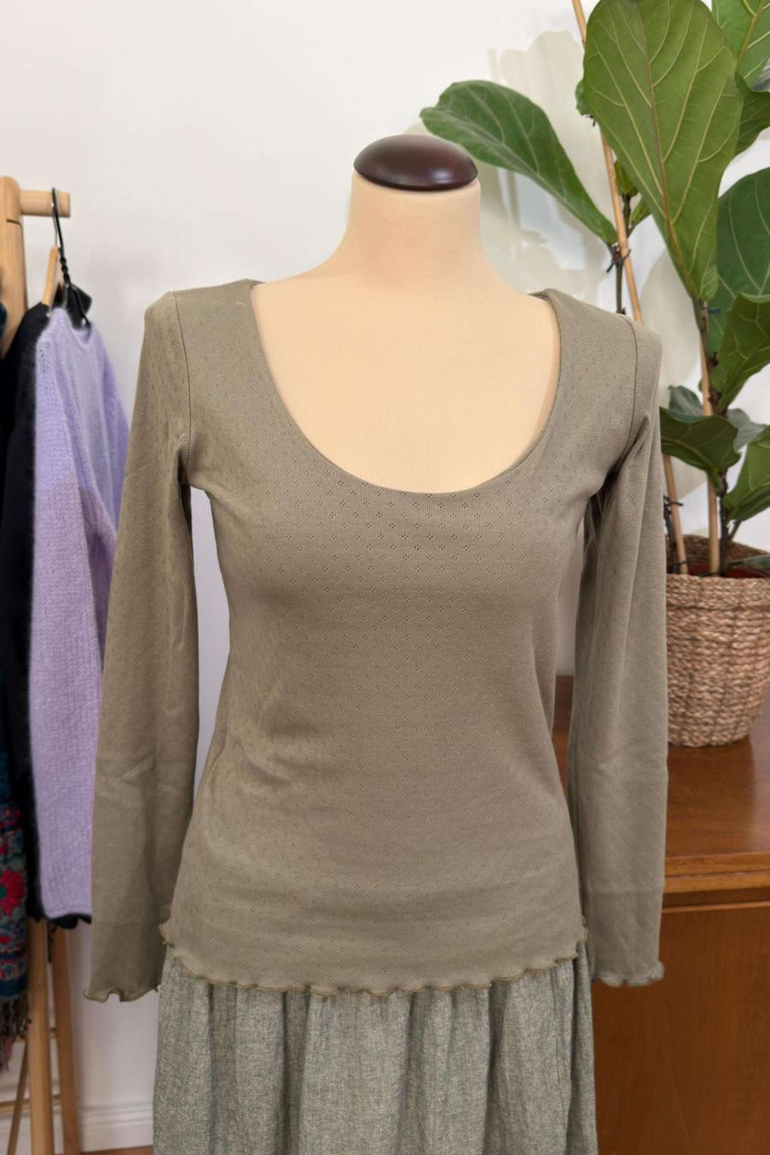 Pointelle-Baumwolltop mit langen Ärmeln